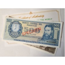 PARAGUAY 1952 . FIVE HUNDRED 500 and TEN THOUSAND 10,000 GUARANIES BANKNOTE . SPECIMEN